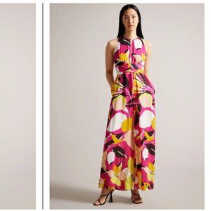 NWT TED BAKER | Molliah Halterneck With Wrap Bodice Jumpsuit Pink Yellow Sz 6